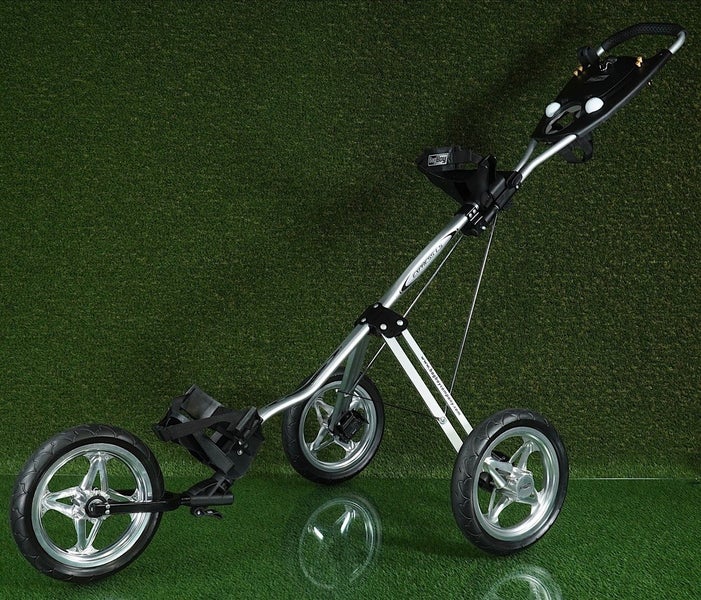 BAG BOY EXPRESS LS PUSH PULL 3 WHEEL GOLF BAG PUSHER, SILVER + UMBRELLA HOLDER