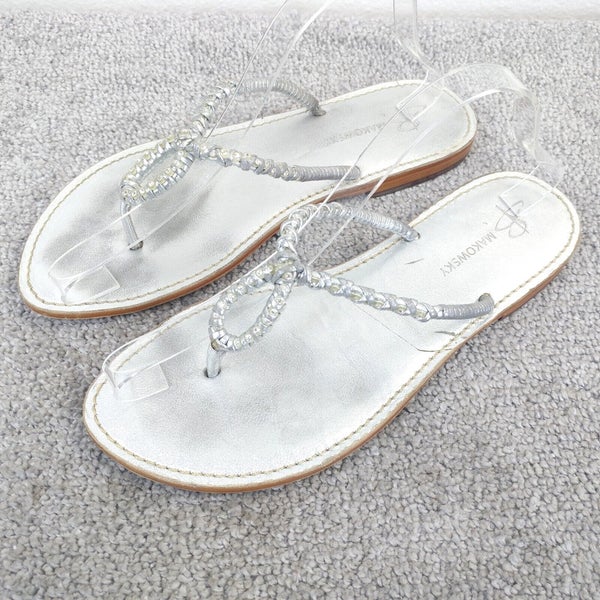 B Makowsky Sandals Womens Size 10 Shoes Thong Slip On Braided Beaded Silver