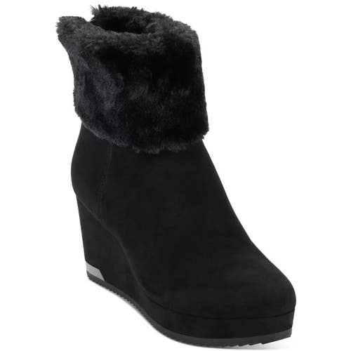 Dkny Nadra Boots Women's 9.5 Black Suede Faux Fur Wedge Heel Dress Bootie TZP536