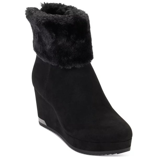 Dkny Nadra Boots Women's 9.5 Black Suede Faux Fur Wedge Heel Dress Bootie TZP536