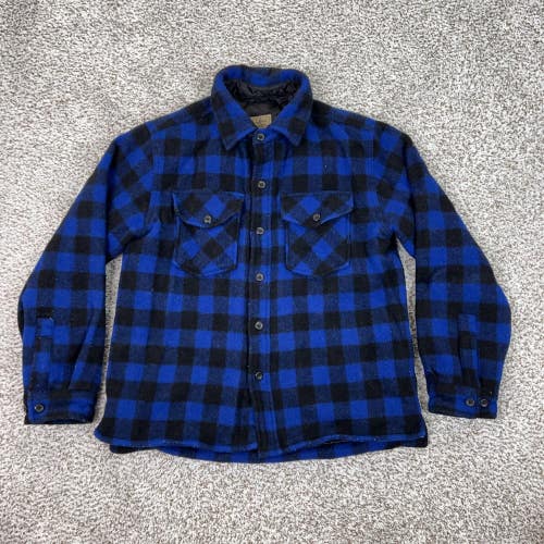 LL Bean Shacket Mens Small Blue Black Wool Buffalo Plaid Quilted Lined Hiking