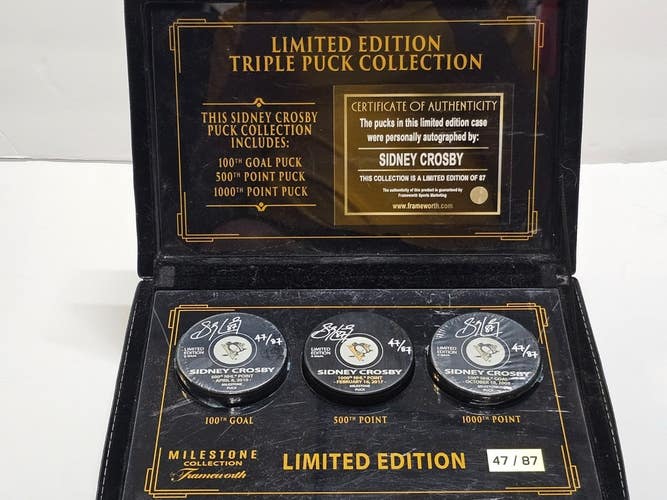 SIDNEY CROSBY Penguins Signed (Frameworth) Deluxe Puck Collection Case LE 47/87