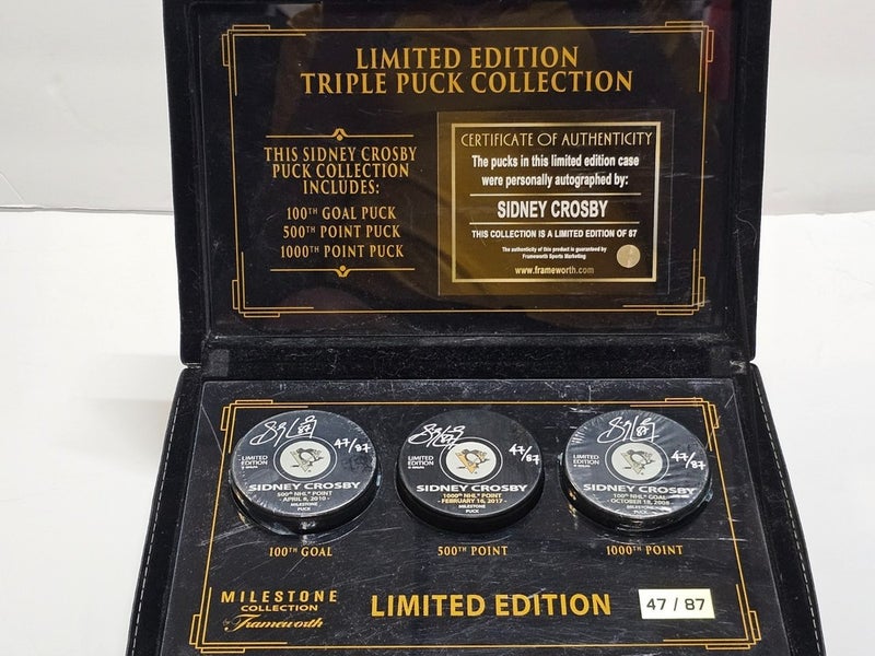 SIDNEY CROSBY Penguins Signed (Frameworth) Deluxe Puck Collection Case LE 47/87