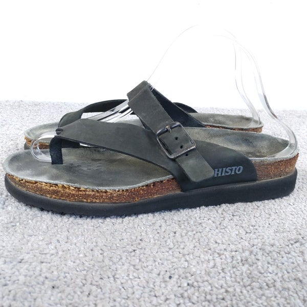 Mephisto Helen Sandals Womens Size 40 EU Shoes Black Leather Flats Thong Buckle