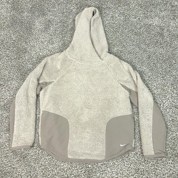 Nike Hoodie Womens Medium Beige Taupe Pullover Sweatshirt Sherpa Fleece Cozy