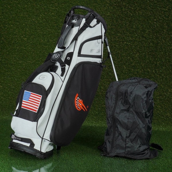 OGIO CLUB STAND BAG 4 WAY GOLF BAG, WHITE/BLACK ~ CLUB LOGO & FLAG EMBROIDERY!
