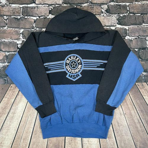 Vintage RARE 1990 Harley Davidson USA Stratman Blue Button Hoodie Sweatshirt Med