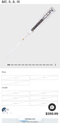 2025 Rawlings Icon Composite USSSA Certified Bat (-10) 20 oz 30" (Used)