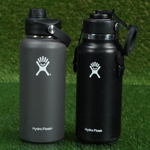 2 HYDRO FLASK WIDE MOUTH WATER BOTTLES INSOLATED BLACK / GRAY, 32 OZ