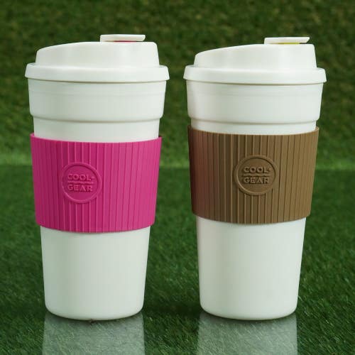 2 COOL GEAR 1010 BANDED COFFEE TRAVELER MUGS PINK / BROWN, 19 OZ