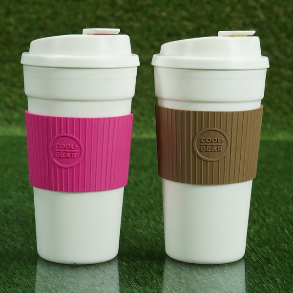 2 COOL GEAR 1010 BANDED COFFEE TRAVELER MUGS PINK / BROWN, 19 OZ