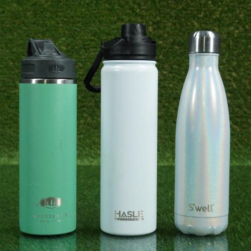 LOT OF 3 WATER BOTTLES HASLE / S'WELL / MICROLITE TEAL/WHITE/SILVER, 17/22/24 OZ