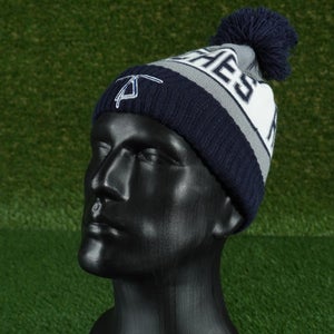 PUKKA COLD WEATHER BEANIE CUFFED HAT CAP BLUE / WHITE / GRAY POM POM ADULT, VGC