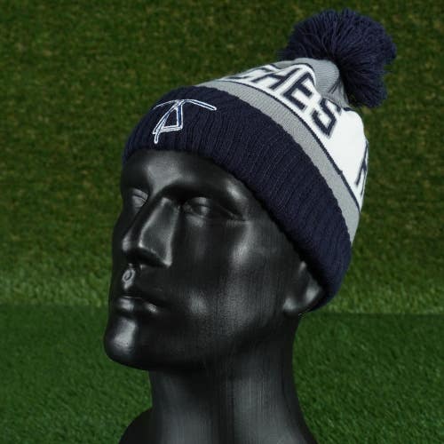 PUKKA COLD WEATHER BEANIE CUFFED HAT CAP BLUE / WHITE / GRAY POM POM ADULT, VGC