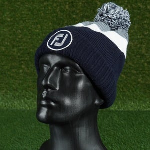 FOOTJOY BEANIE CUFFED FJ GOLF HAT CAP BLUE / WHITE / GRAY POM POM, VGC ~ 35835