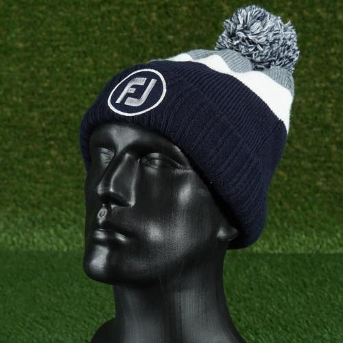 FOOTJOY BEANIE CUFFED FJ GOLF HAT CAP BLUE / WHITE / GRAY POM POM, VGC ~ 35835