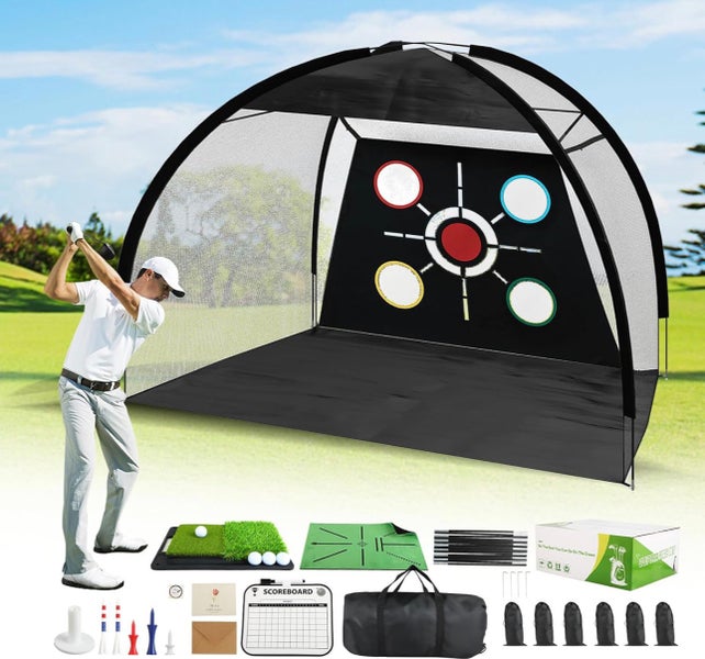 Golf Net, Pro-Grade 10x7 FT Practice Net Kit with 2-in-1 Replaceable Non-Slip Turf Mat