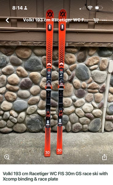 Men's 2023 Volkl Racetiger GS 193 cm Racing Skis With Bindings Max Din 16 (Used)