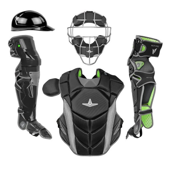 All Star MVP Pro Series Mask Adult 16+ Baseball Catchers Gear Set - Black Grey