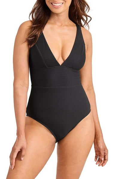 Tommy Bahama Ocean Point Swimsuit Women's Black Textured V-Neck One-Piece TLW453
