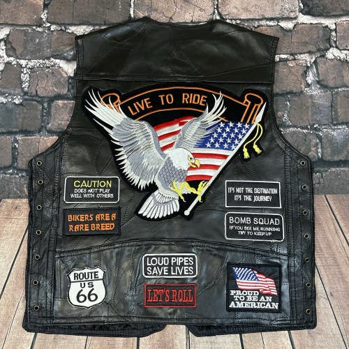 Diamond Plate Mens Black Buffalo Leather Snap Front Motorcycle Vest Size Small