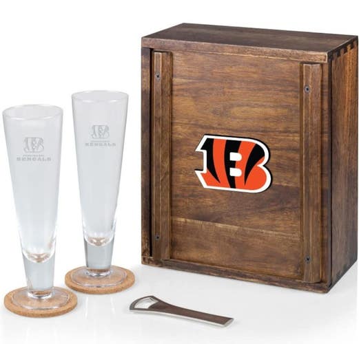 Cincinnati Bengals Pilsner 2 Beer GLASS Wood Case NFL Official Licensed Football