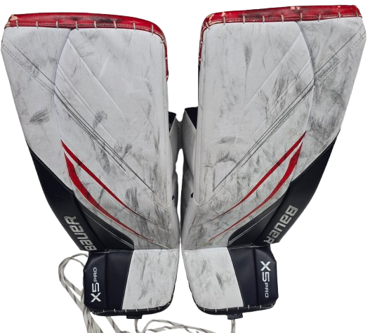 Bauer Vapor X5 Pro Goalie Leg Pads Intermediate Large 32+ Used White Navy Red (14694)