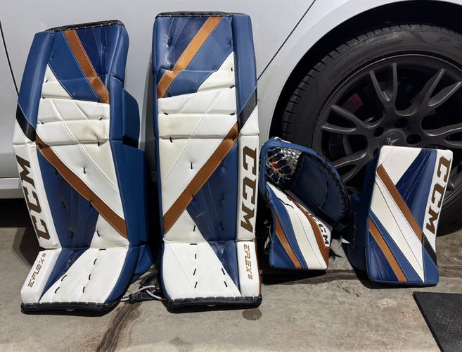 New CCM E-Flex 5 Custom Kolzig Pro Stock Full Set (White/Navy/Gold) - Regular - 34”