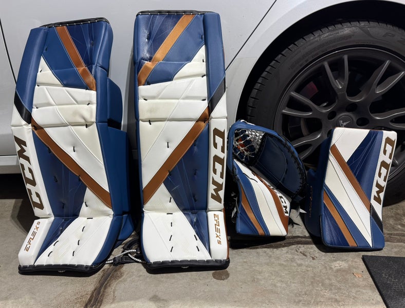New CCM E-Flex 5 Custom Kolzig Pro Stock Full Set (White/Navy/Gold) - Regular - 34”