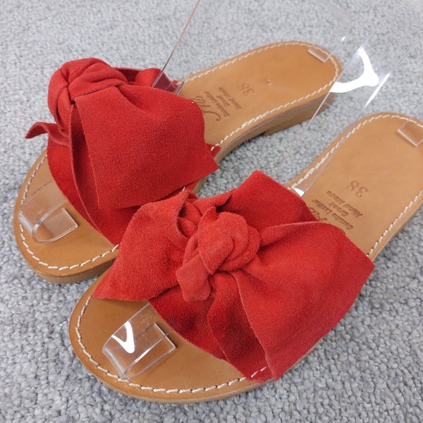 IRIS Greek Handmade Sandals Womens 38 EU Shoes Red Suede Leather Bow Slip On