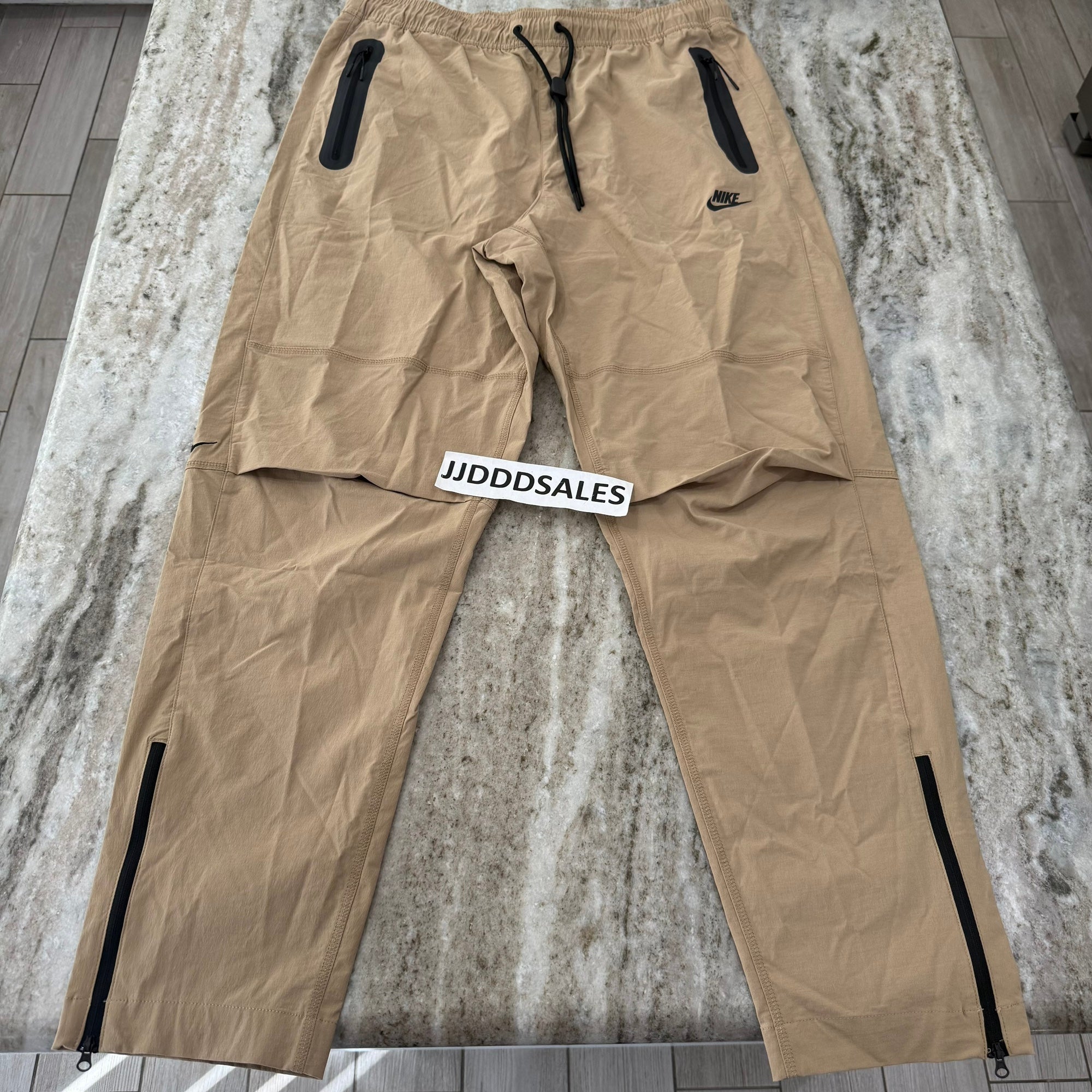 Nike Tech Pants Beige Woven Drawcord Nylon Tapered Ankle HM8241