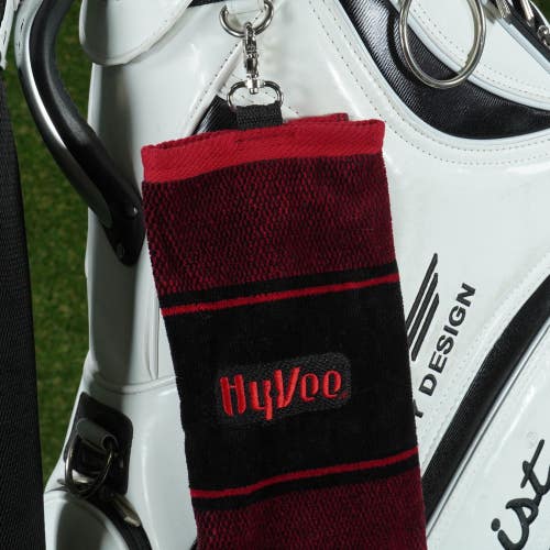 2, TWO Q1 GOLF PROMO HYVEE GOLF TOWELS CLIPABLE, RED / BLACK ~ LOOK!!