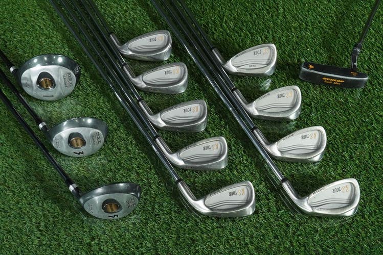 13pc. MEN'S GOLF SET KS TOUR OVERSIZE SPALDING TOUR DUNLOP MEDIUM FIRM SHAFTS RH