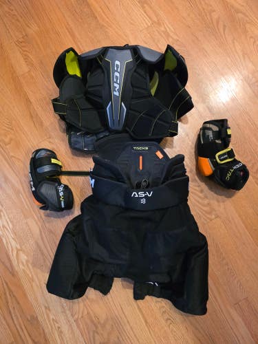 Junior Large CCM AS580 Shoulder Pads (Used), Tacks AS-V Pants, and AS-V Pro Elbow Pads