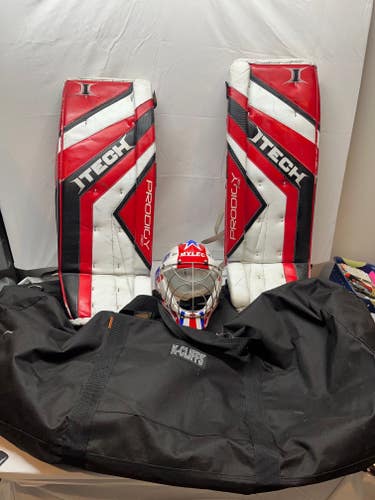 33" Itech Prodigy Pro Goalie Leg Pads (Used) Mylec Helmet (New) and K-Cliffs Bag