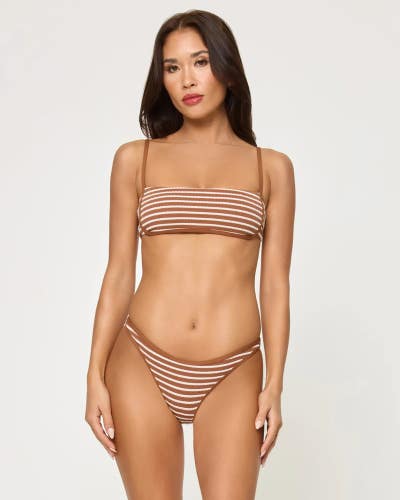 L*Space Hazel Bikini Top Womens Medium Brown Sugar Striped Nylon Stretch TLW550