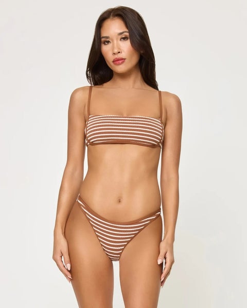 L*Space Hazel Bikini Top Womens Medium Brown Sugar Striped Nylon Stretch TLW550