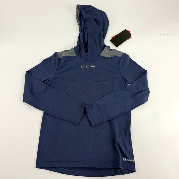 New CCM Navy Heather Premium Longsleeve Hooded Tech Tee | Youth M | #191520222161