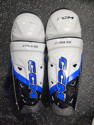 Used CCM JETSPEED Senior Shin Guards White And Royal Blue 14" 11849-S000033499