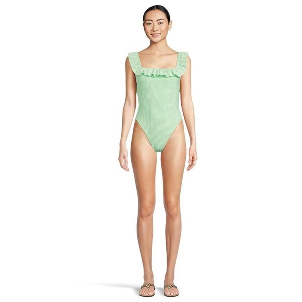 Lilly Pulitzer Aemma Ruffle One Piece Women's 16 Green Stripe Swimsuits TLW575