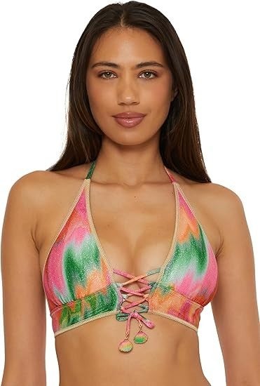 BECCA Mirage Mira Corset Halter Swim Bikini Top Women's S Multi Swimwear TLW554