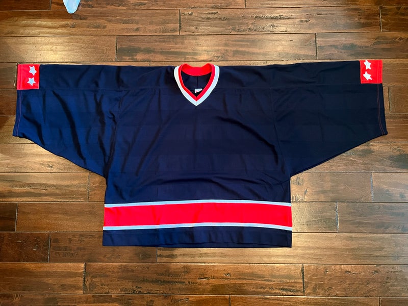 (Used) Sr Goalie Cut Jersey. Red, white and blue and smells like freedom.