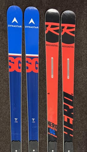 Two pairs of U14/16 SG skis.  196cm Dynastar and Rossignl Race and Training SG skis.