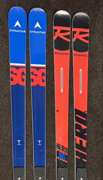 Two pairs of U14/16 SG skis. 196cm Dynastar and Rossignl Race and Training SG skis.