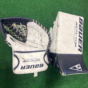 White & Navy Senior Bauer Reactor R5 Pro Goalie Glove & Blocker Set Regular (Used)