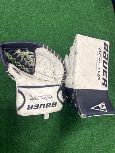 White & Navy Senior Bauer Reactor R5 Pro Goalie Glove & Blocker Set Regular (Used)