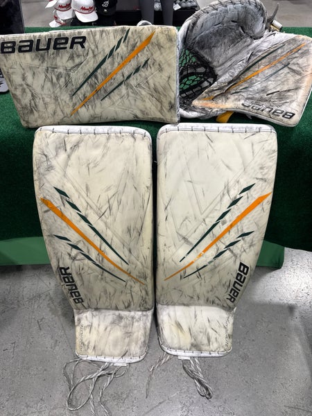 White Green & Yellow Senior Bauer Hyperlite Goalie Full Set Regular (Used) | Senior Medium (34+)