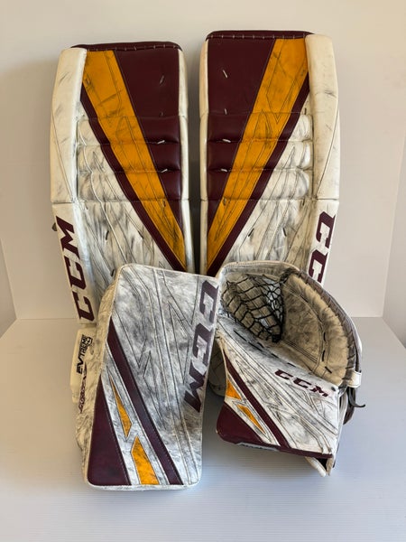 Used Senior 33" + 1.5" CCM Extreme Flex 4 Regular Hand Pro Stock Goalie Full Set White/Maroon/Gold