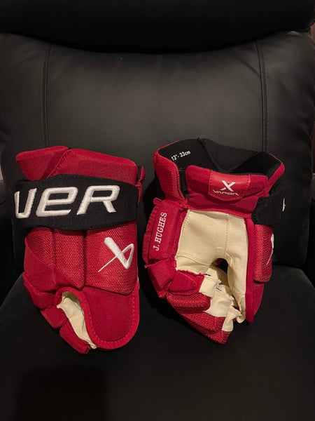 Jack Hughes Bauer Vapor Hyperlite Hockey Gloves 13" Pro Stock New Jersey Devils Red Black