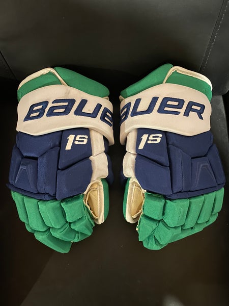 Carolina Whalers Bauer Supreme 1S Gloves 14" Pro Stock Green, White, Blue Fleury Rare